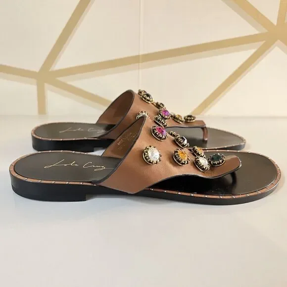 Lola Cruz Embellished Jeweled Brown Leather Flip Flops Sandals Size EU 37 US 7 - Picture 3 of 11